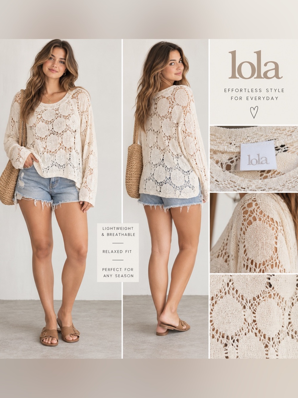Lola Cream Crochet Open Knit Long Sleeve Boho Sweater Top